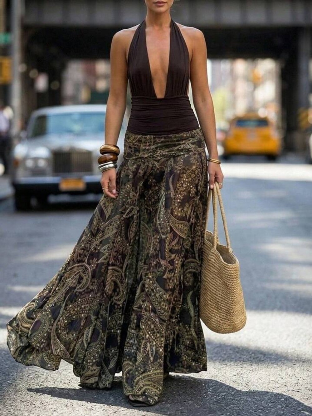 ZARA ZW Collection Brown Paisley Printed Maxi Skirt